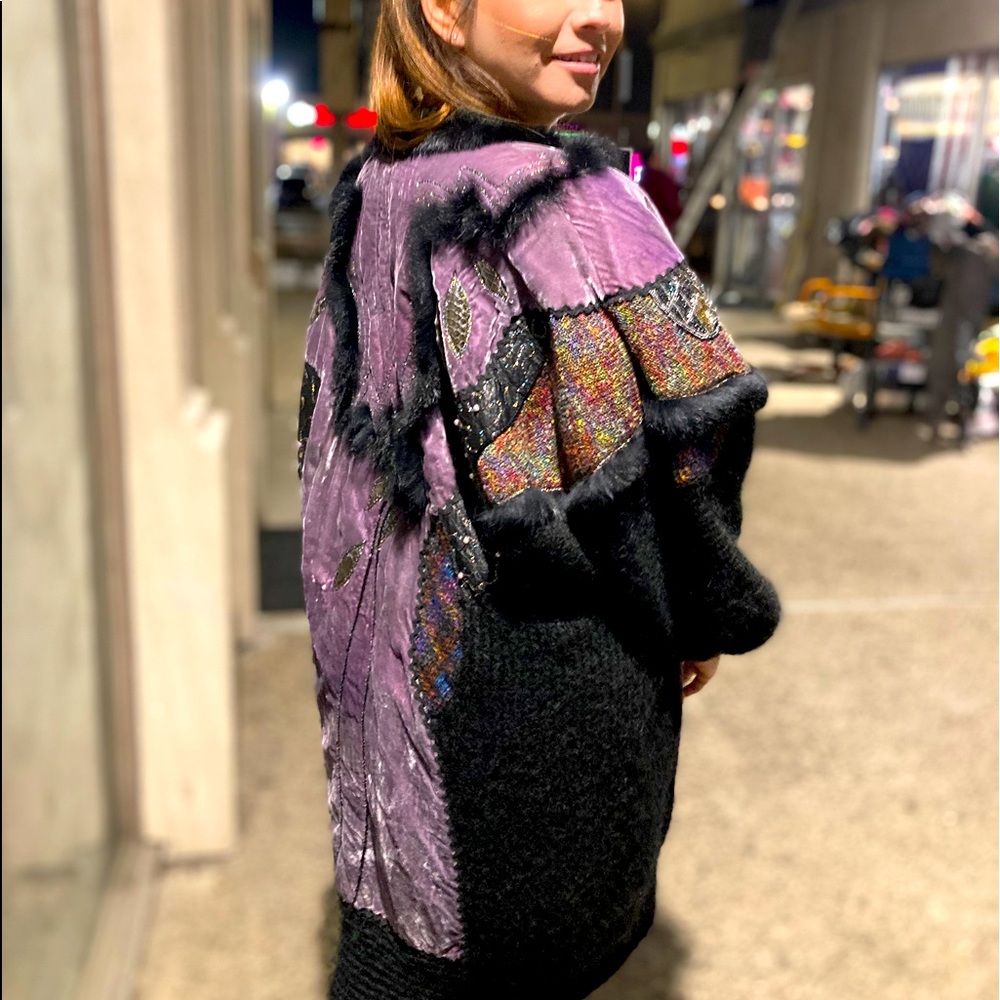 90s Jeffery Leather Suede Sequin Hand Beaded Faux Fur Patchwork Jacket